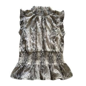Japna Smocked Neck Ruflle Snakeskin Print Chiffon Blouse Sleeveless Size S